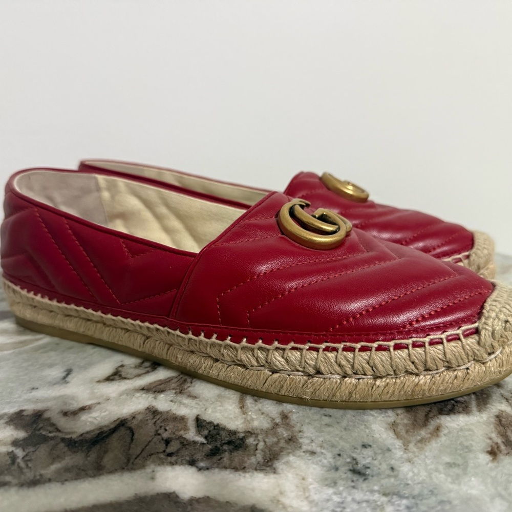 Gucci Red Espadrille Flats with Gold Accent
